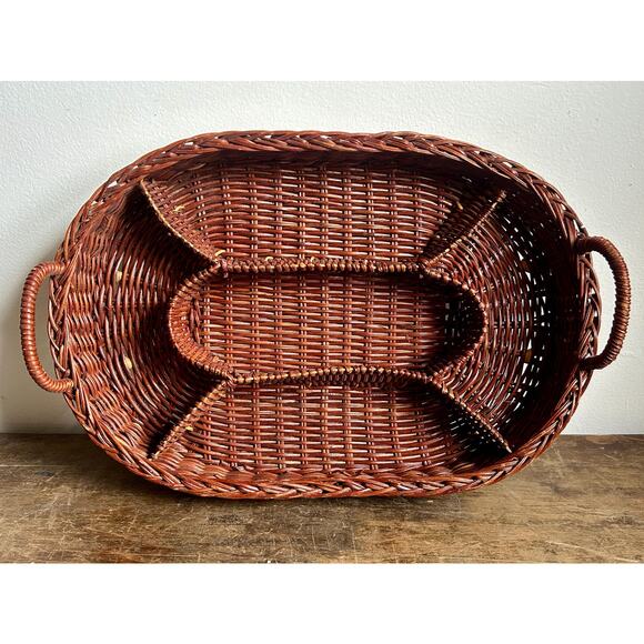 Vintage Brown Rattan Wicker Oval Divided Serving Tray with Handles - Picture 1 of 6